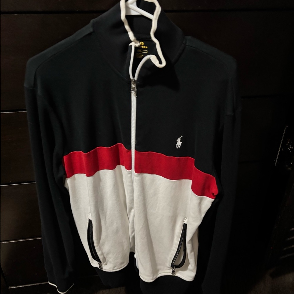 Polo by Ralph Lauren Men's Zip-Up Sweater in Black, Red, and White